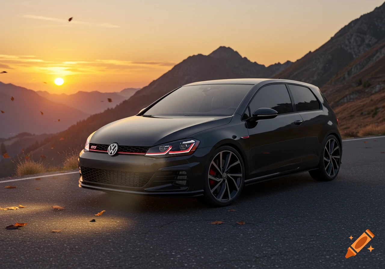 A dark grey Volkswagen Golf GTI parked on a mountain road at sunset, with autumn leaves scattered around.
