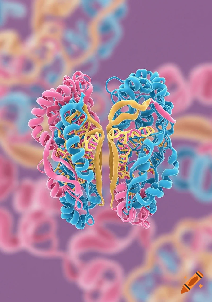 A vibrant molecular structure resembling a ribosome, with intertwining pink, blue, and yellow strands on a blurred purple background.