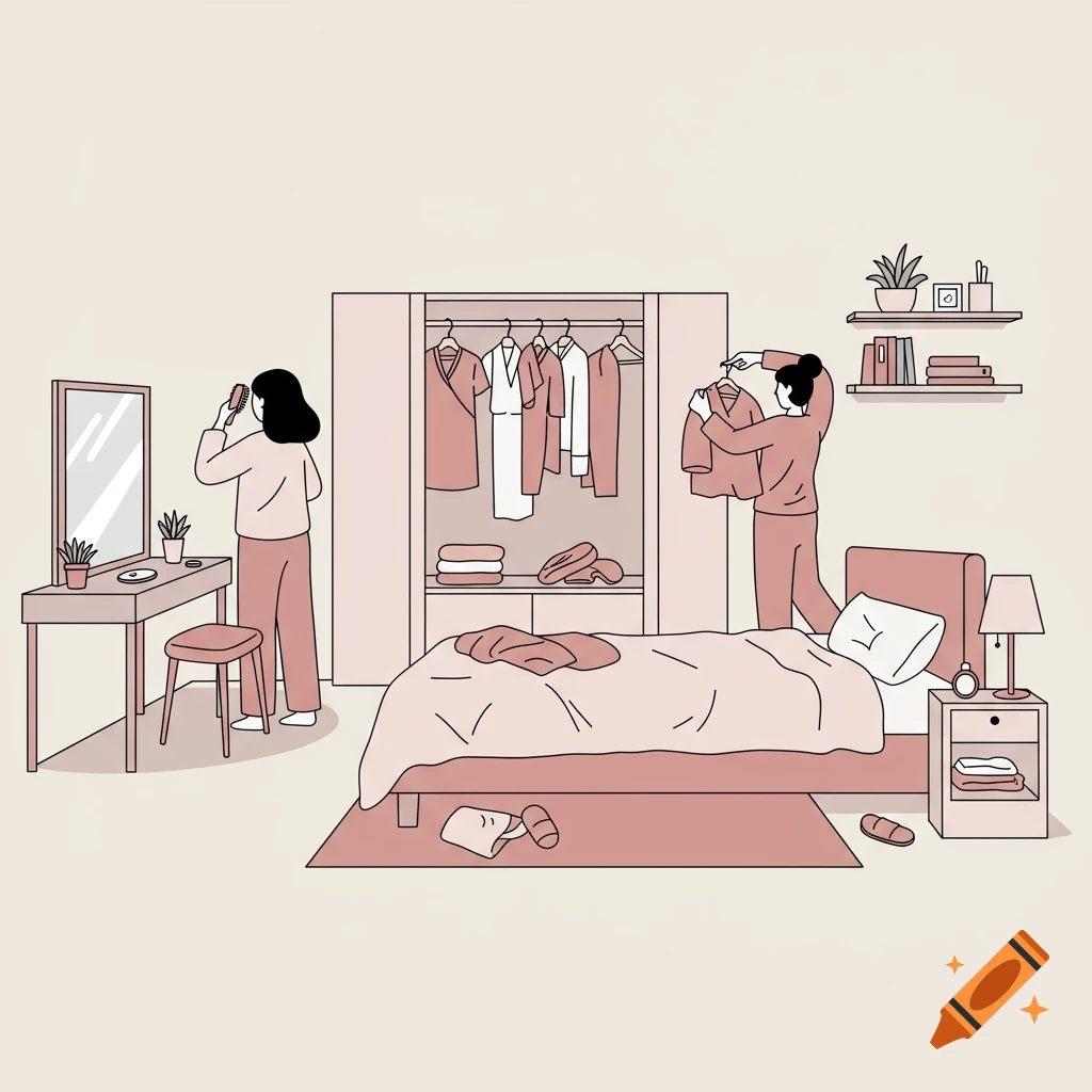 Minimalist illustration of two women in a bedroom, one brushing hair at a vanity, the other choosing clothes from a closet.