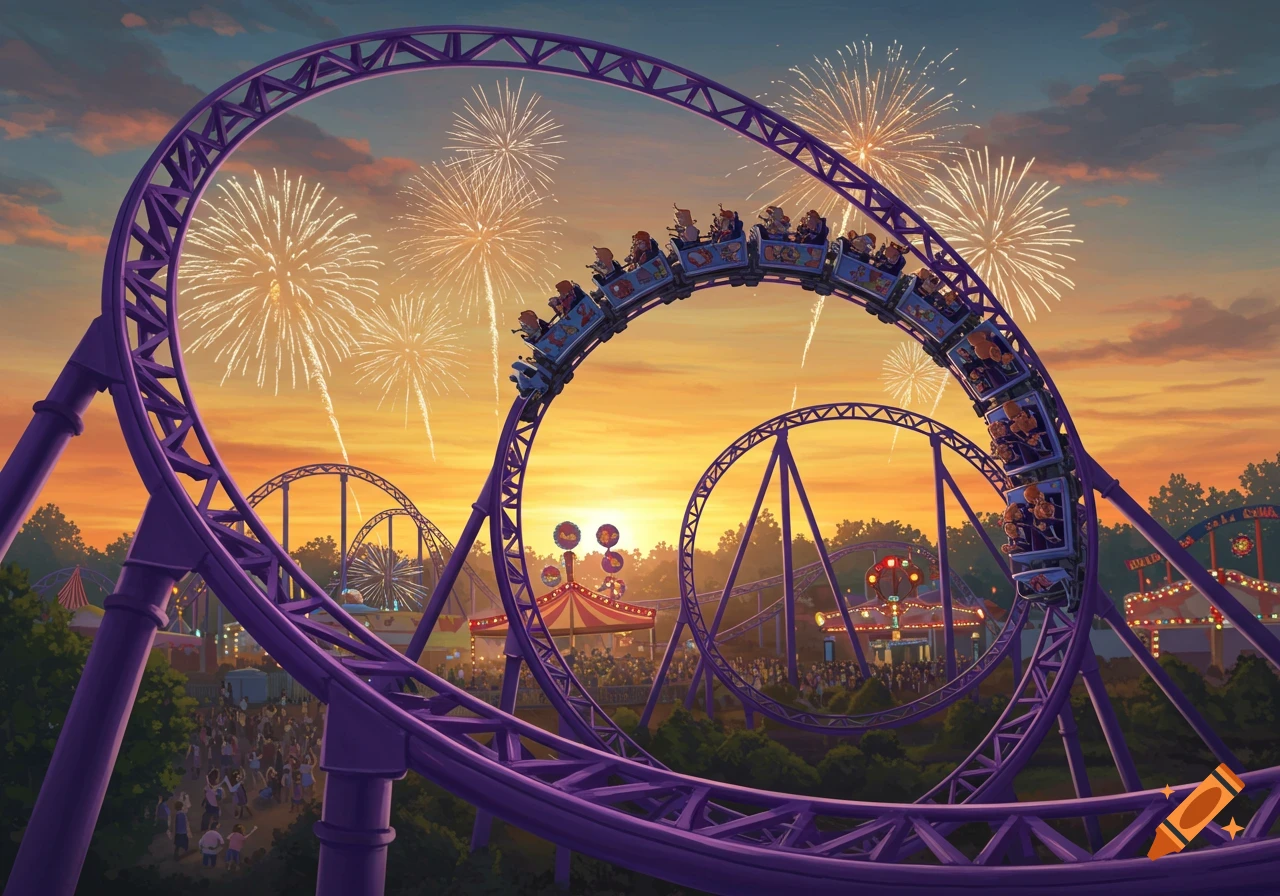 Vibrant illustration of a purple roller coaster looping at an amusement park with fireworks exploding in the sunset sky.