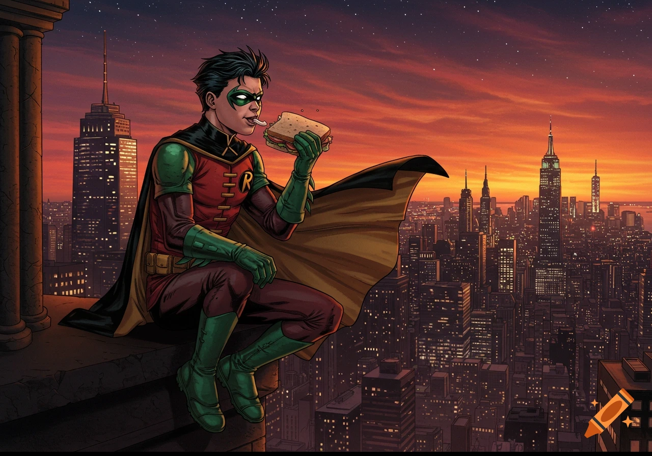 Comic art of Robin, a superhero, sitting on a skyscraper ledge at sunset, eating a sandwich with a city skyline view.