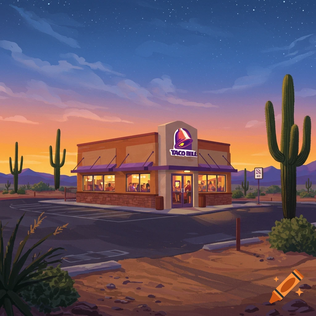 Stylized illustration of a Taco Bell restaurant in a desert landscape with cacti under a colorful sunset sky.