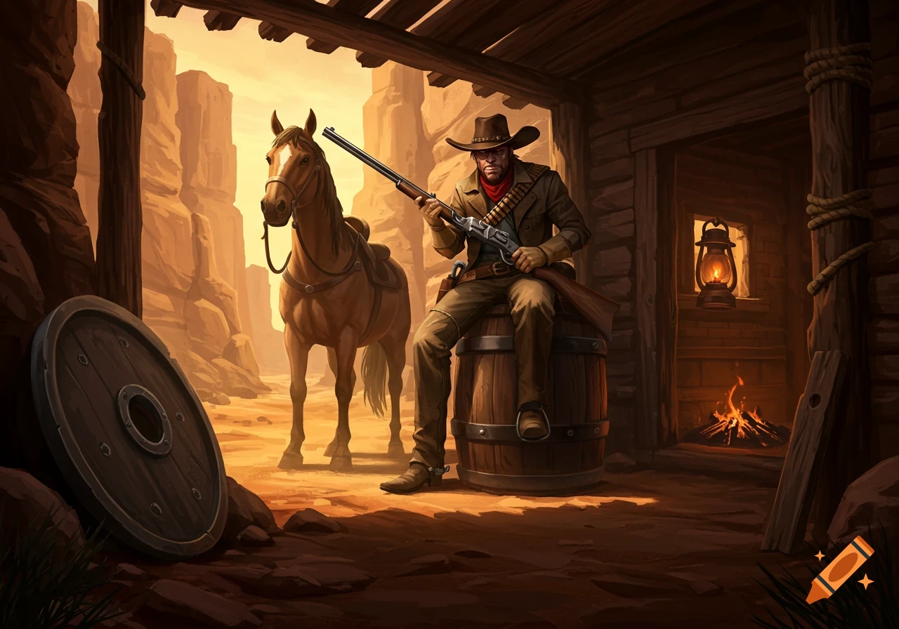 Digital illustration of a rugged cowboy with a rifle, sitting on a barrel next to his horse inside a rustic wooden hideout, with a desert canyon background.