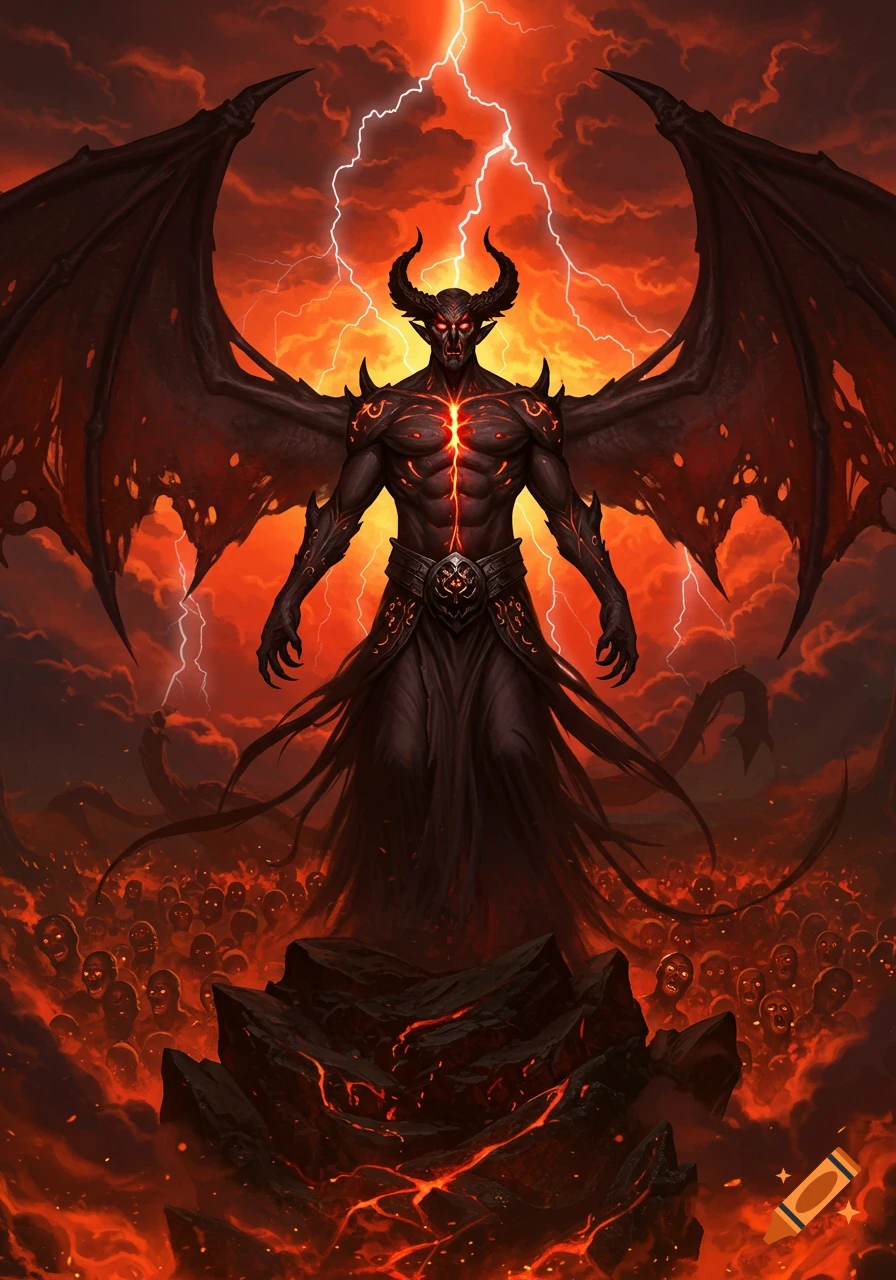 A powerful horned, winged demon with glowing red eyes and chest stands amidst a fiery, hellish landscape with lightning and shadowy figures.