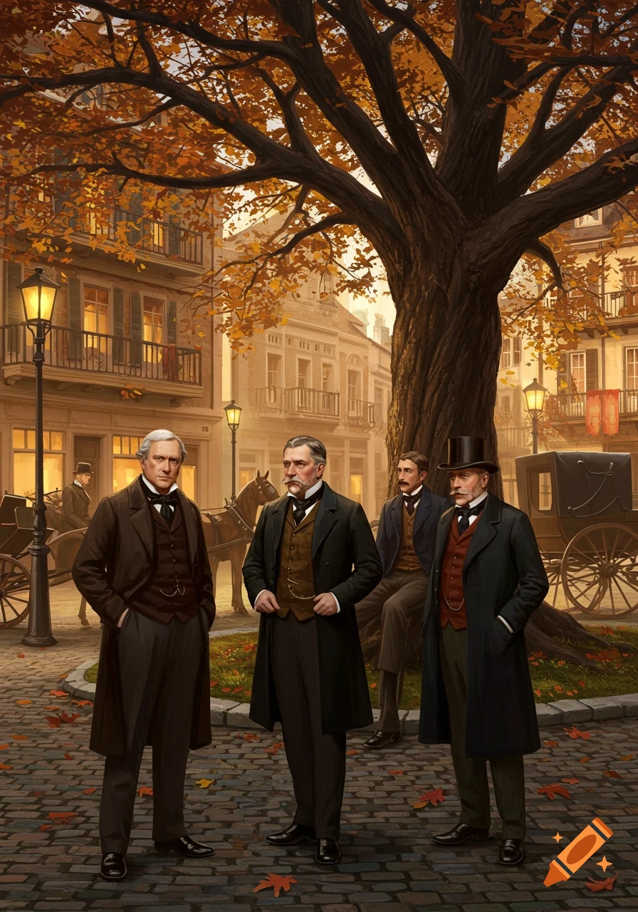 Three men in 19th-century attire stand on a cobblestone street with autumn leaves under a large tree and buildings.