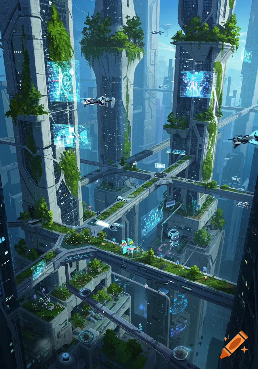 A vibrant futuristic city with tall, green-covered skyscrapers, flying vehicles, and elevated pedestrian walkways, all adorned with holographic displays.