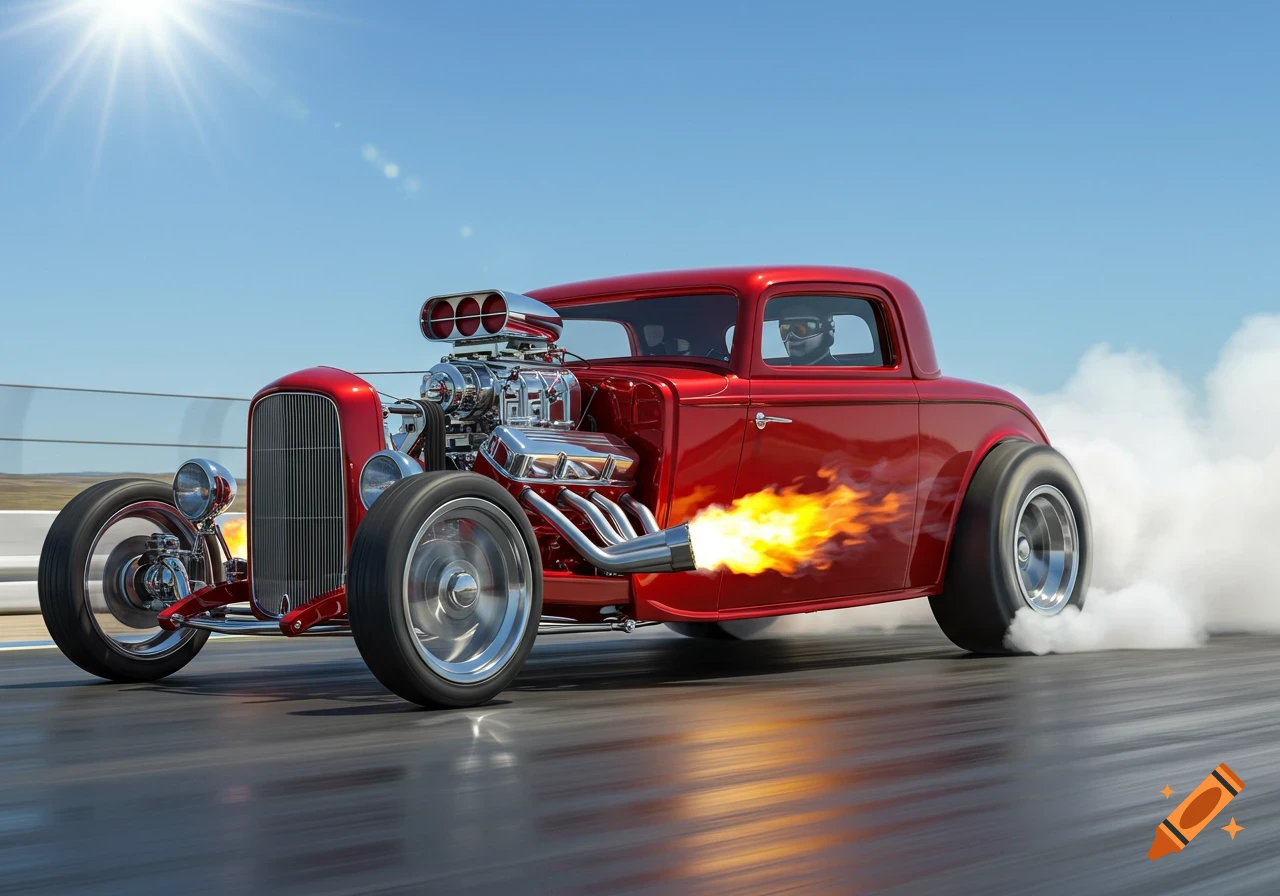 A red hot rod with a chromed engine and flaming exhaust speeds on a drag strip, smoking its tires under a bright blue sky.