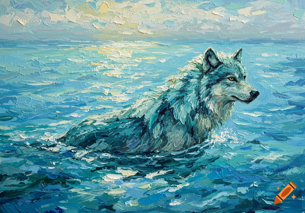 Oil painting of a blue wolf with yellow eyes wading in a turquoise ocean, rendered with heavy impasto palette knife strokes.