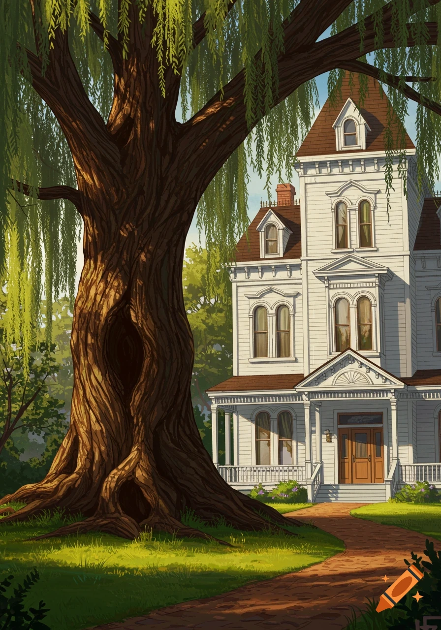 A grand white Victorian house with a towering willow tree in the foreground, a winding path leading to the front door, in an illustration style.