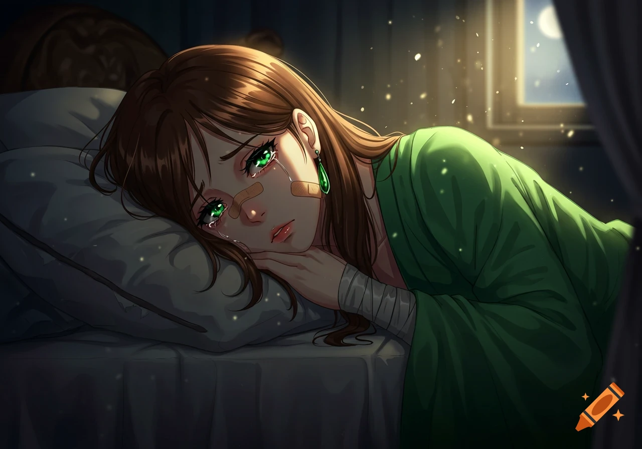 An anime girl with brown hair and glowing green eyes cries in bed, with band-aids on her face and bandages on her arm, looking sad at night.