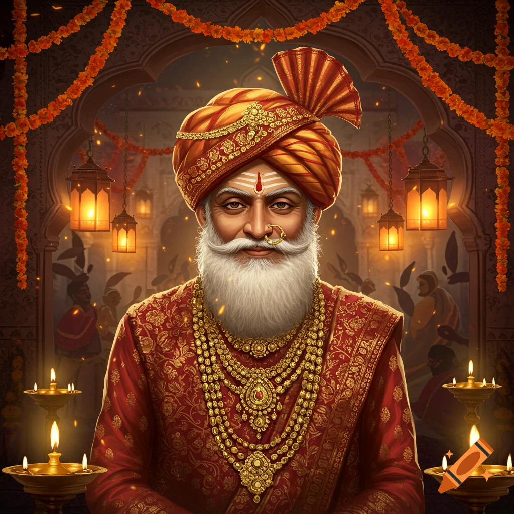 A regal elderly Indian man with a white beard, wearing a gold turban and red embroidered traditional clothing with layered gold necklaces, in a festive setting with lanterns and garlands.