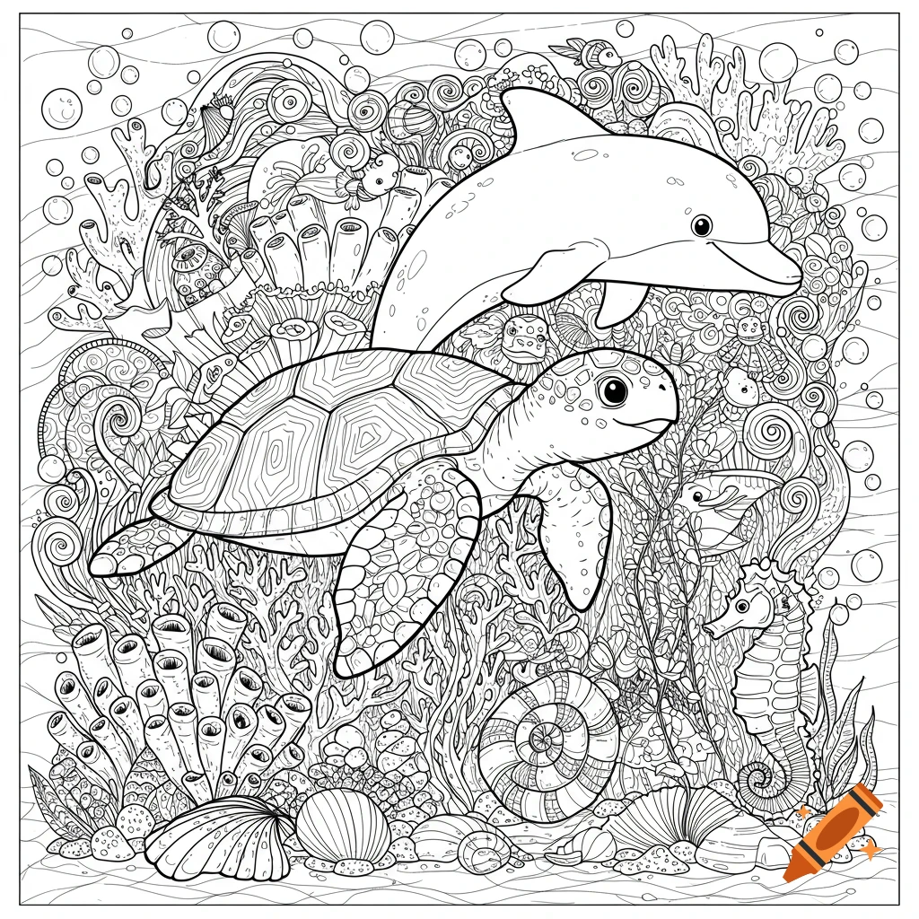 Black-and-white line art of a dolphin and sea turtle swimming in a busy coral reef with a seahorse, fish, and shells.