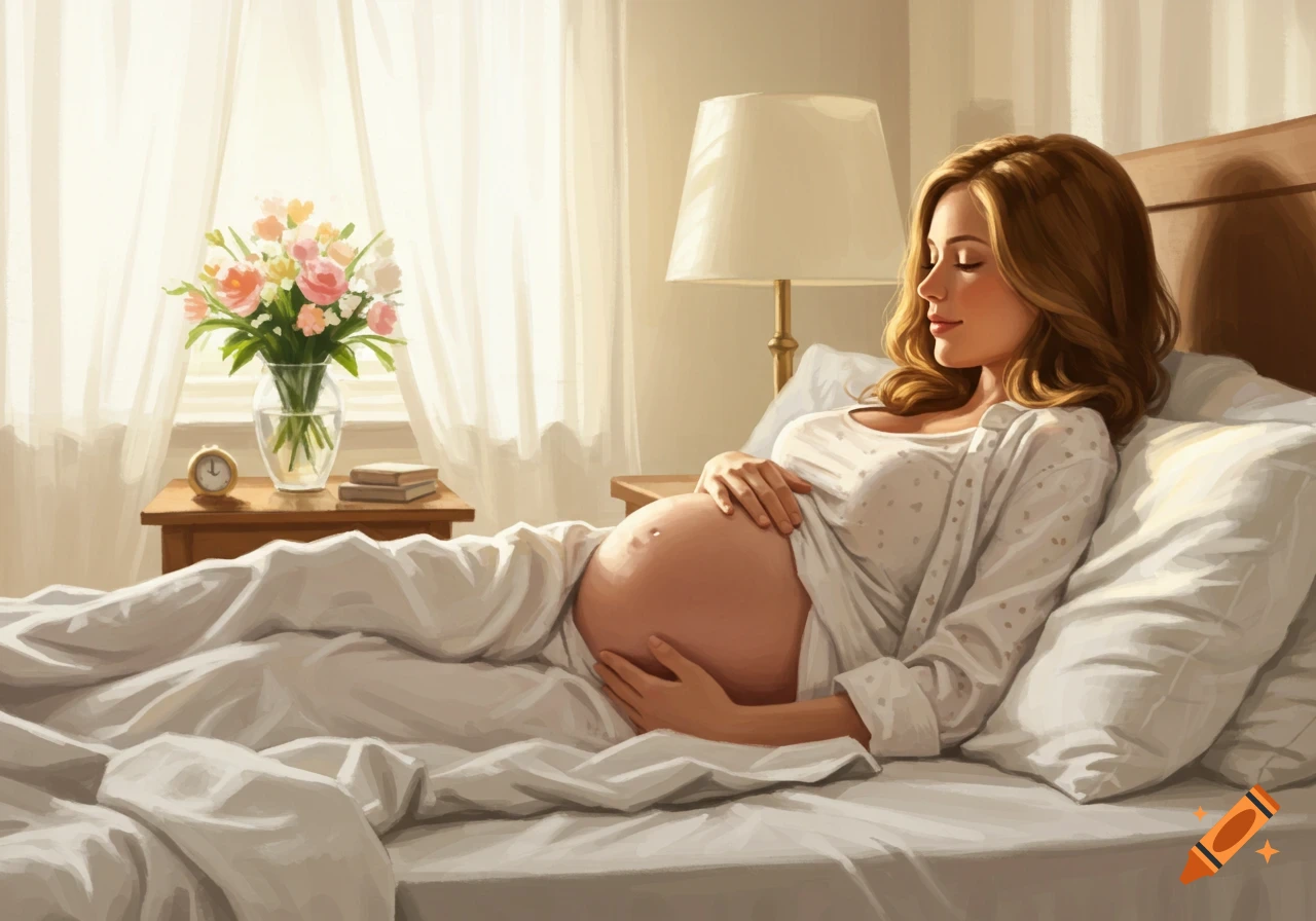 Serene pregnant woman in a sunlit bed, gently cradling her belly, with flowers and an alarm clock on a bedside table.