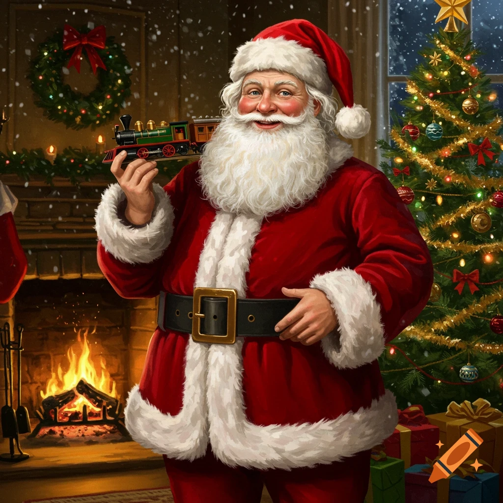 Santa Claus in a cozy Christmas living room, smiling and holding a toy train, with a decorated tree and fireplace.