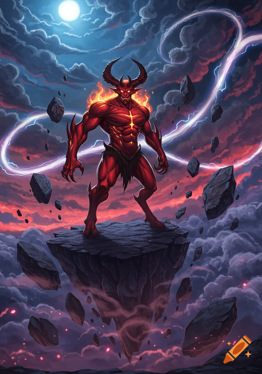 A muscular red demon with horns and flaming shoulders stands on a floating rock in a stormy, moonlit sky with lightning, anime style.
