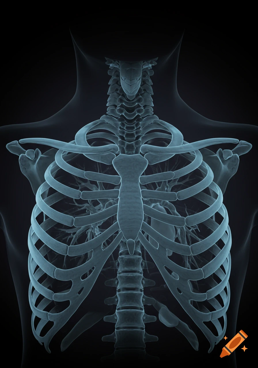 A detailed X-ray style image of the human rib cage, spine, and clavicles against a dark background.