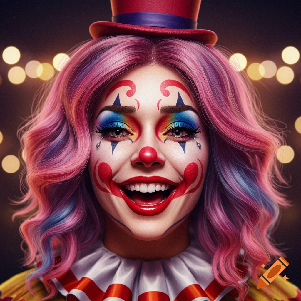 Photorealistic headshot of a laughing female clown with pink and blue hair, colorful makeup, a small red hat, and a painted teardrop.