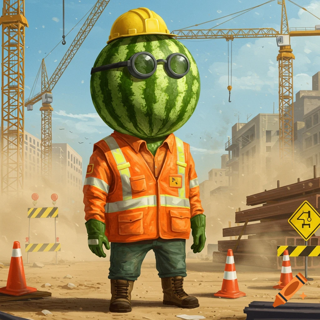 A watermelon character in a yellow hard hat, orange safety vest, and gloves stands on a dusty construction site.