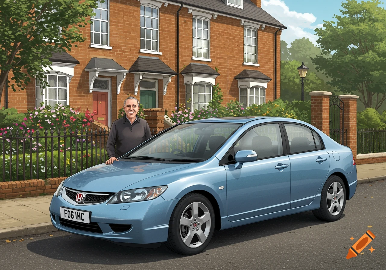 A smiling man stands next to a sky-blue Honda Civic parked in front of a brick house in an illustrative style.