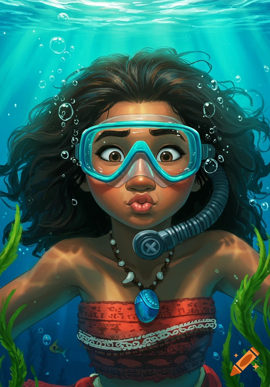 Animated illustration of Moana underwater, wearing a blue snorkeling mask, making a pufferfish face, with bubbles and green plants around her.