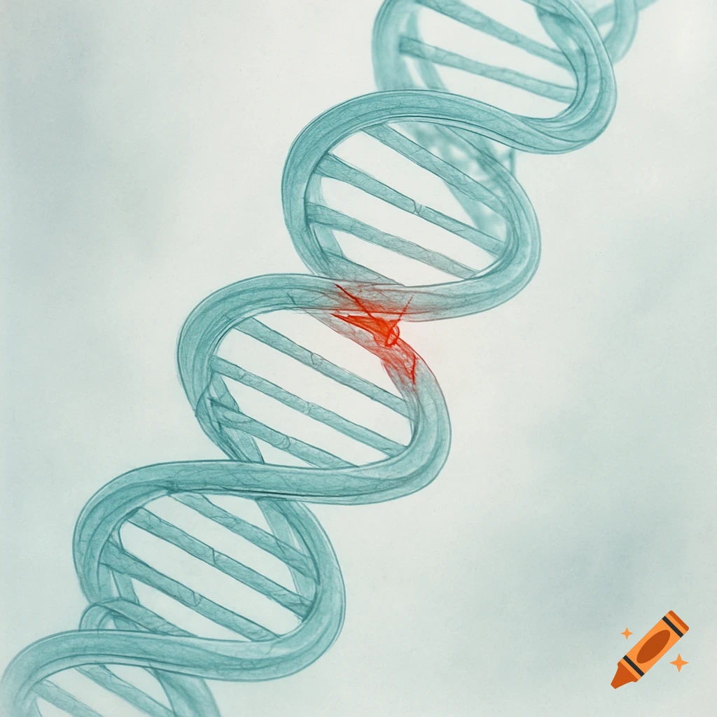 A stylized blue DNA double helix with a red section indicating a mutation or damage.