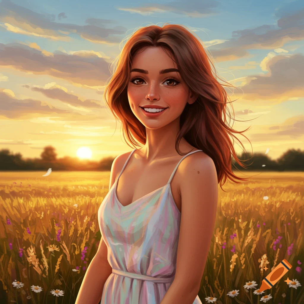 An illustrated portrait of a smiling young woman with long brown hair in a white dress, standing in a golden field at sunset.