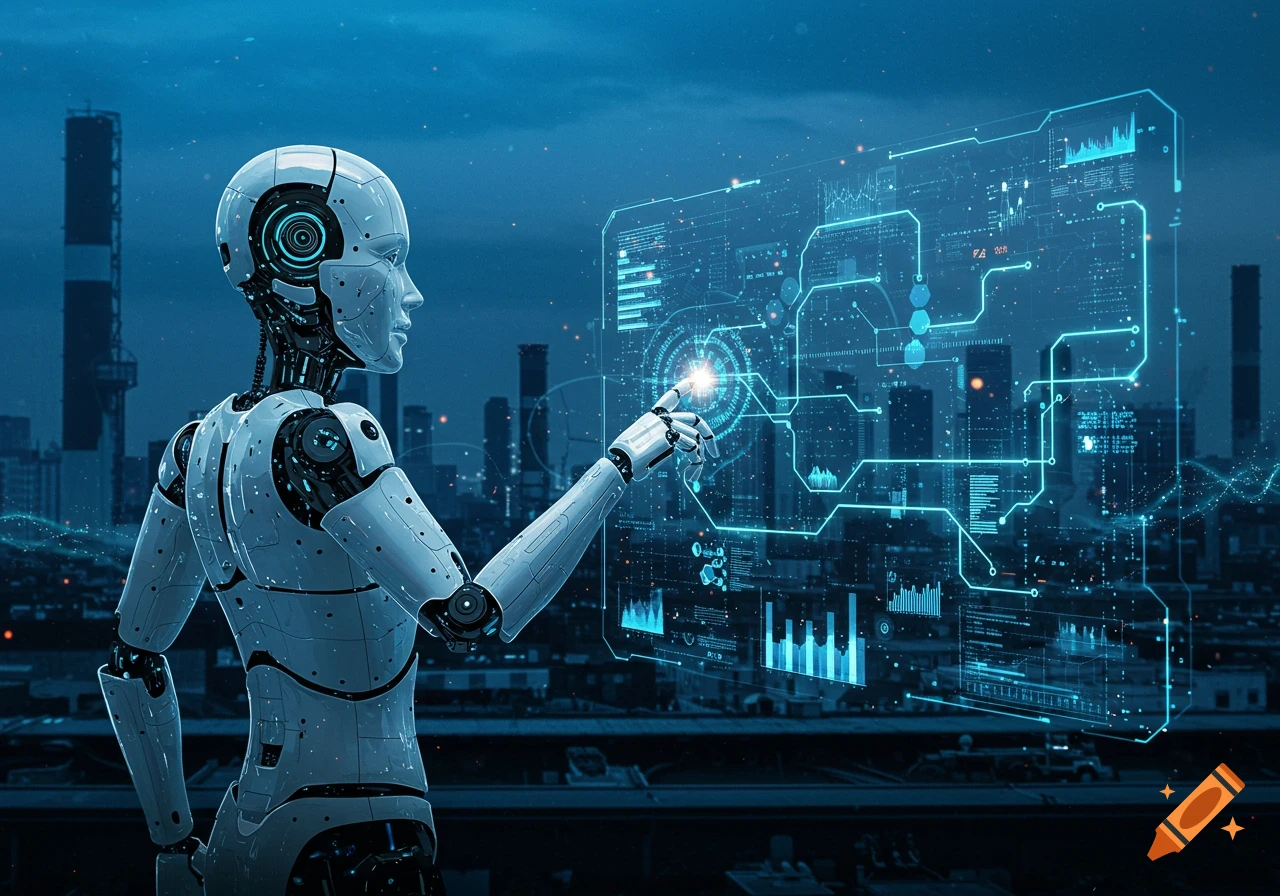 A white and black humanoid robot interacts with a glowing blue holographic interface displaying data and circuit patterns, against a dark futuristic cityscape.
