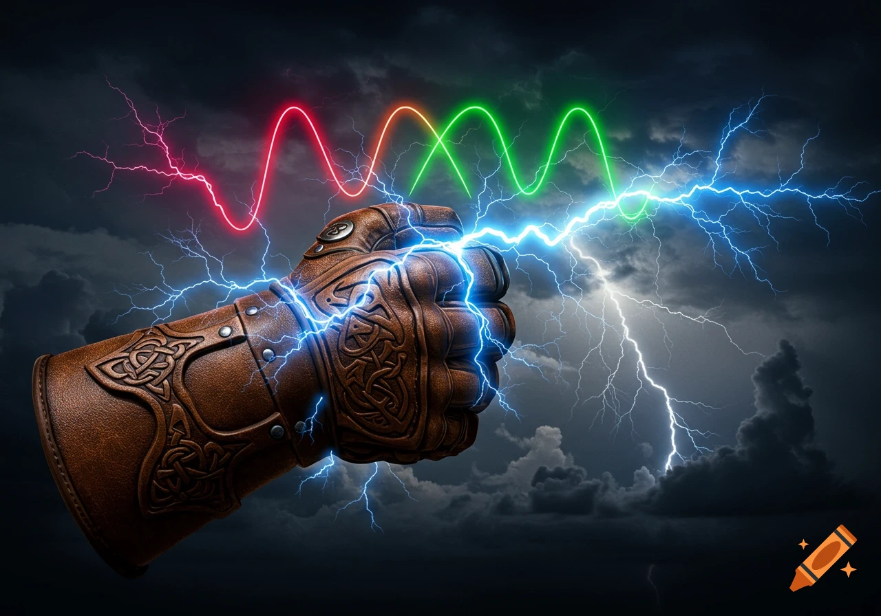 Photorealistic leather gauntlet grips a lightning bolt against a stormy sky with colorful sine waves.