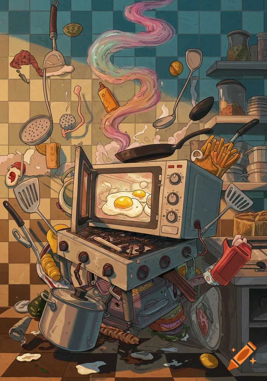 A chaotic and surreal illustration of a kitchen with a microwave cooking eggs, a stove, flying utensils, fries, and colorful smoke.
