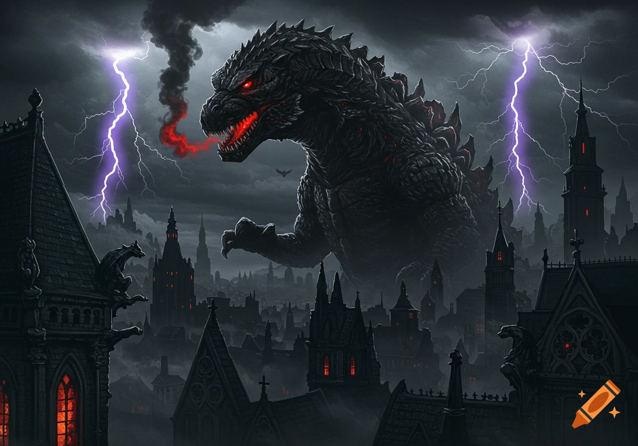 A giant, dark Godzilla with red eyes and glowing fire looms over a gothic city under purple lightning in a stormy sky.