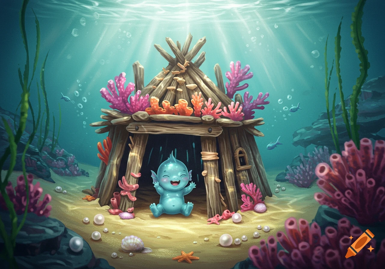 A cute blue baby sea creature sits smiling in a driftwood fort on the sandy ocean floor, surrounded by colorful coral, pearls, and fish.