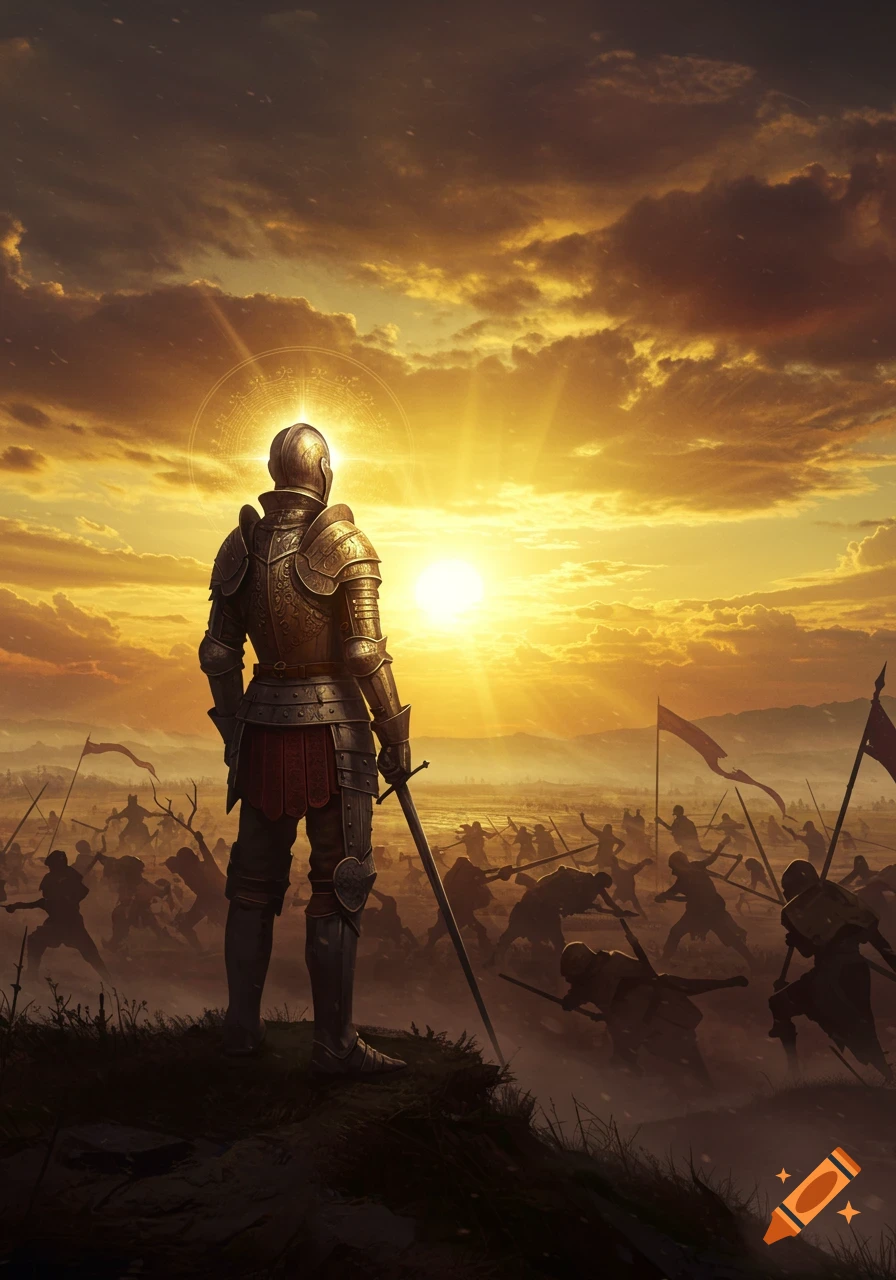 Ornate knight on a hill overlooking a chaotic battle at sunset, sun glowing, with a subtle halo. Stylized digital art.