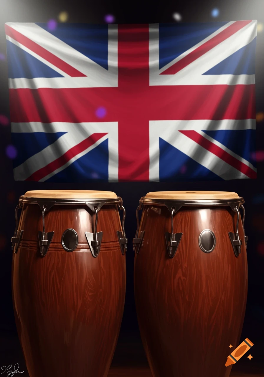Two photorealistic conga drums stand in front of a waving British Union Jack flag against a dark background with bokeh lights.