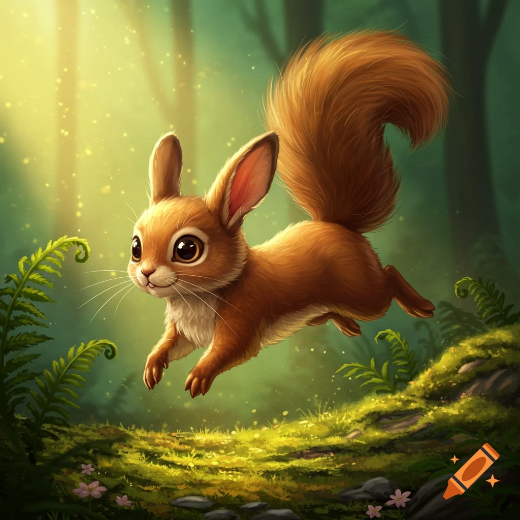 A cute, fluffy, cartoon squirrel-rabbit hybrid with large eyes leaps over a mossy forest floor in a whimsical, light-dappled forest.