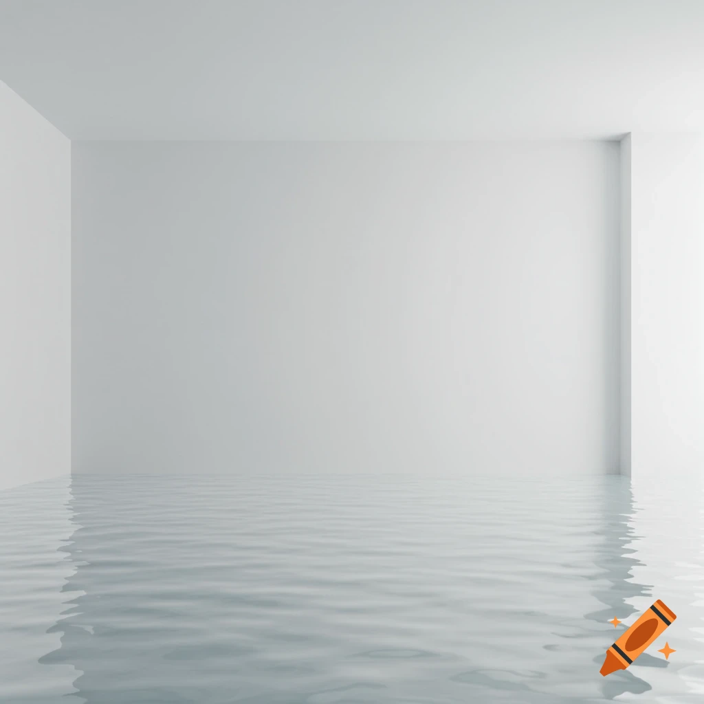 A minimalist white room with a smooth water surface covering the floor, reflecting the walls.
