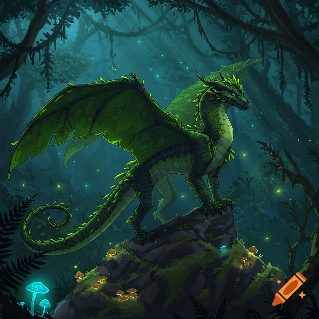 Green leaf-dragon on a mossy rock in a dark, glowing forest.