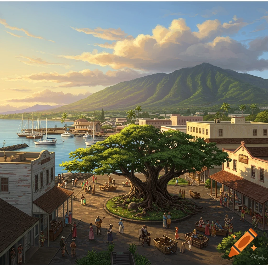 Vibrant illustration of a bustling historic harbor town with a large Banyan tree in the center, boats docked in the bay, and a lush green mountain backdrop at sunset.