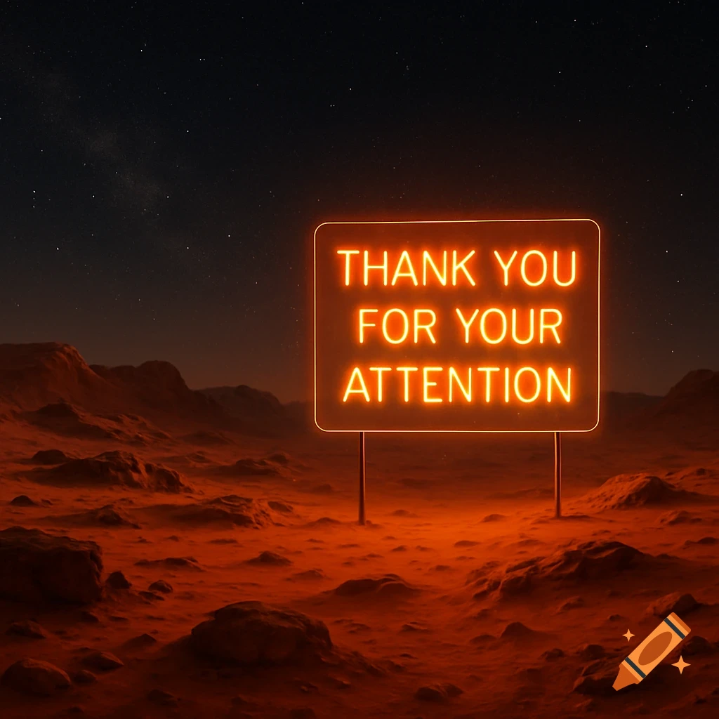 A neon orange sign displaying 'THANK YOU FOR YOUR ATTENTION' on a rocky, reddish Mars-like landscape under a starry night sky.
