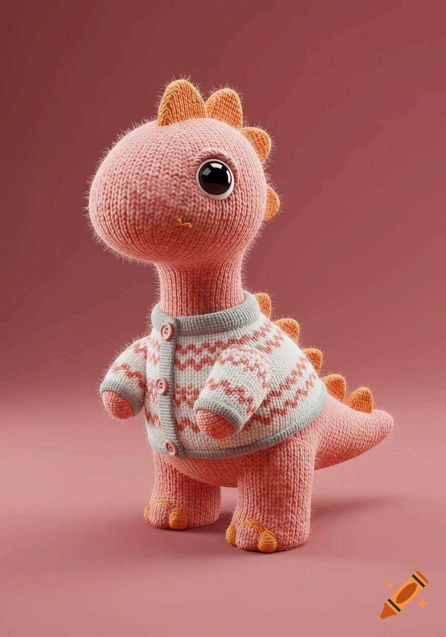 Cute pink knitted dinosaur toy with large eyes, wearing a patterned sweater, on a pink background.