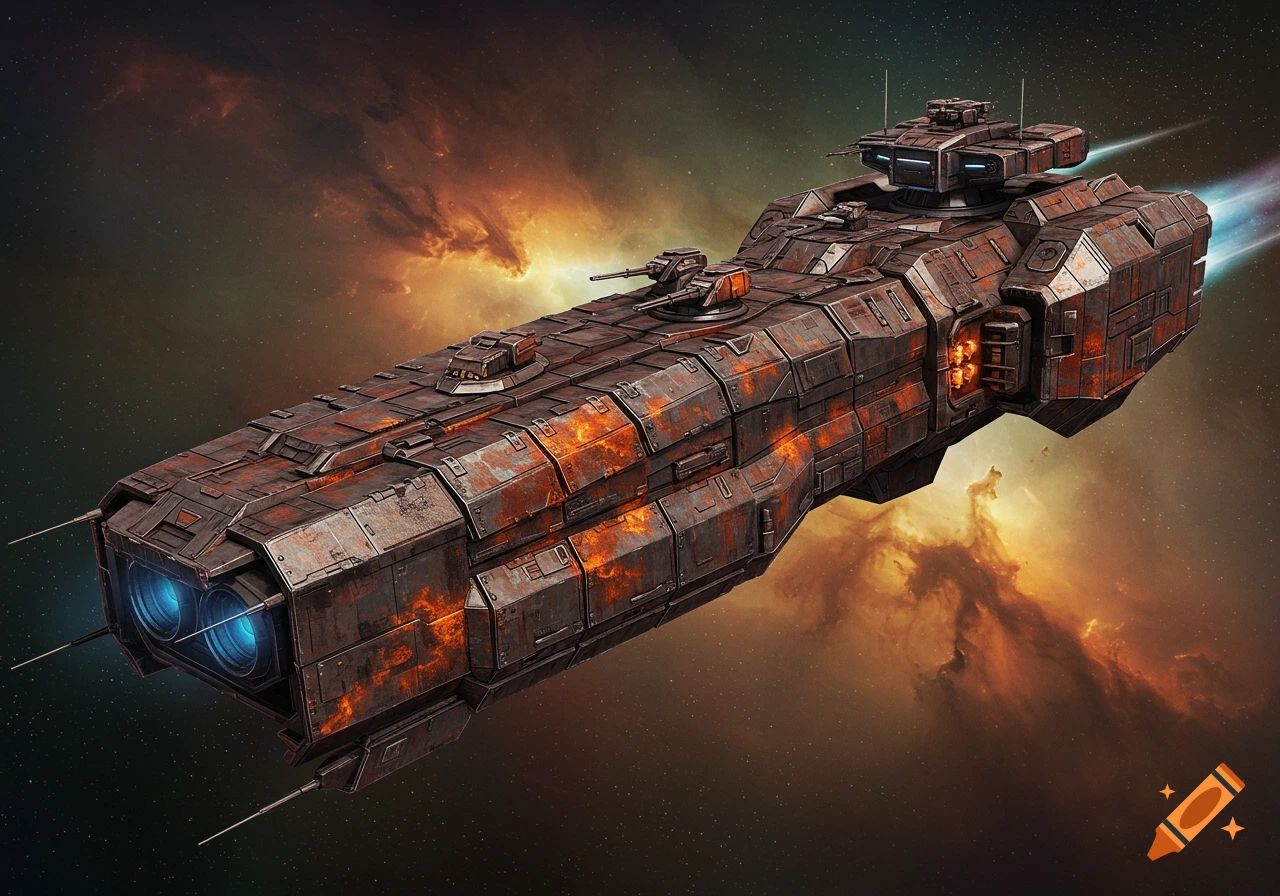 A heavily armored, rusty-looking destroyer class starship with glowing blue engines flies through a vibrant space nebula.