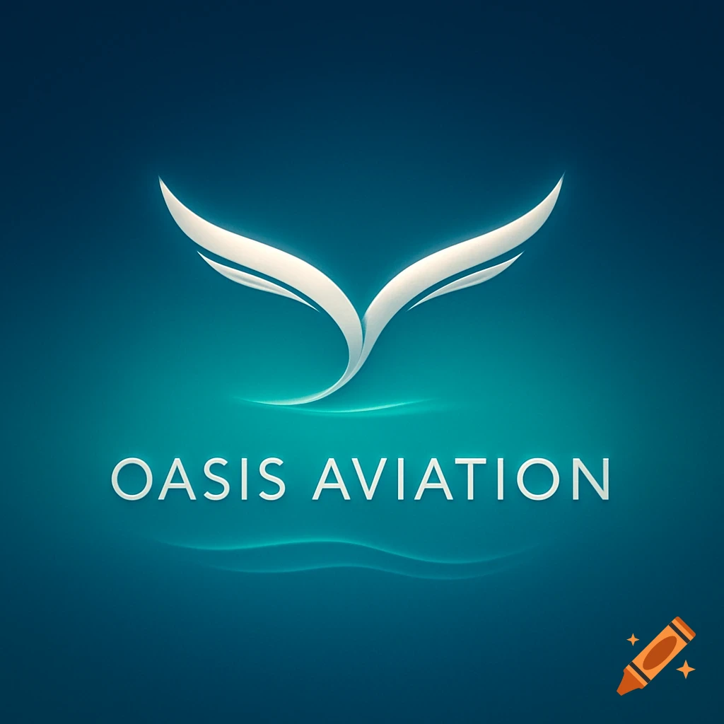 Sleek white stylized wings logo above 'OASIS AVIATION' text on a teal and dark blue gradient background.