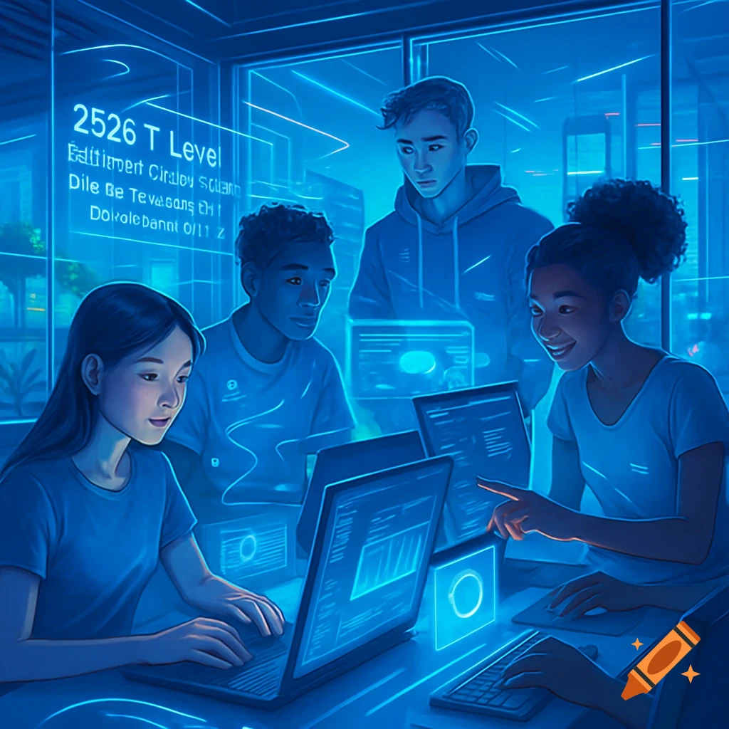 Four diverse young people in a neon blue, futuristic setting, working intently on glowing laptops and large screens.