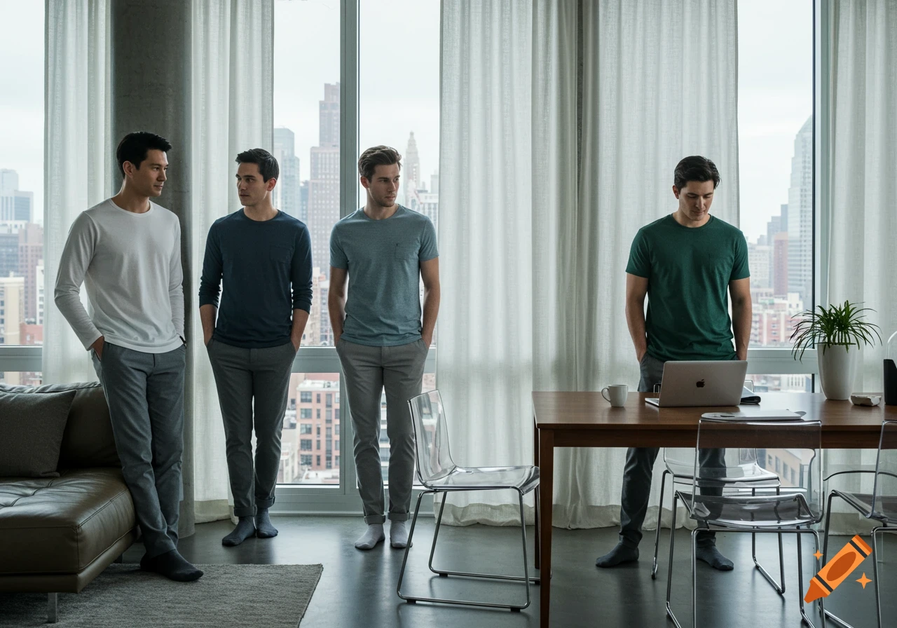 Four men in a modern apartment, three standing by a window, one looking at a laptop on a table. All wear basic t-shirts and trousers.