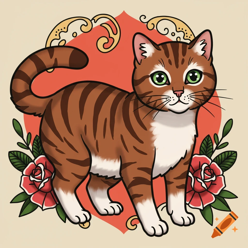 A cartoon brown tabby cat with white paws and chest, green eyes, surrounded by red roses and golden scrolls, in a traditional tattoo style.