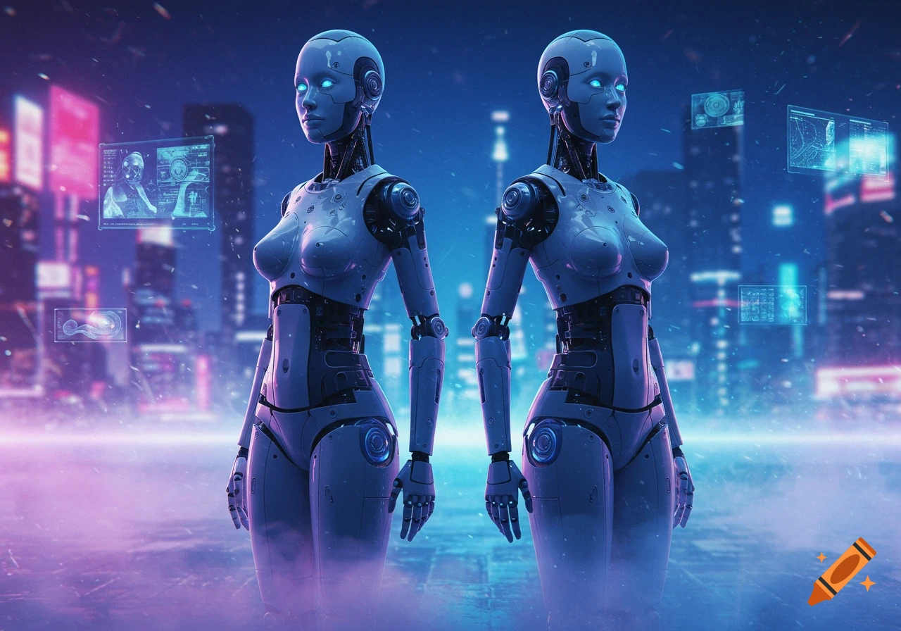 Two identical female robots stand in a neon-lit futuristic city with holographic screens.