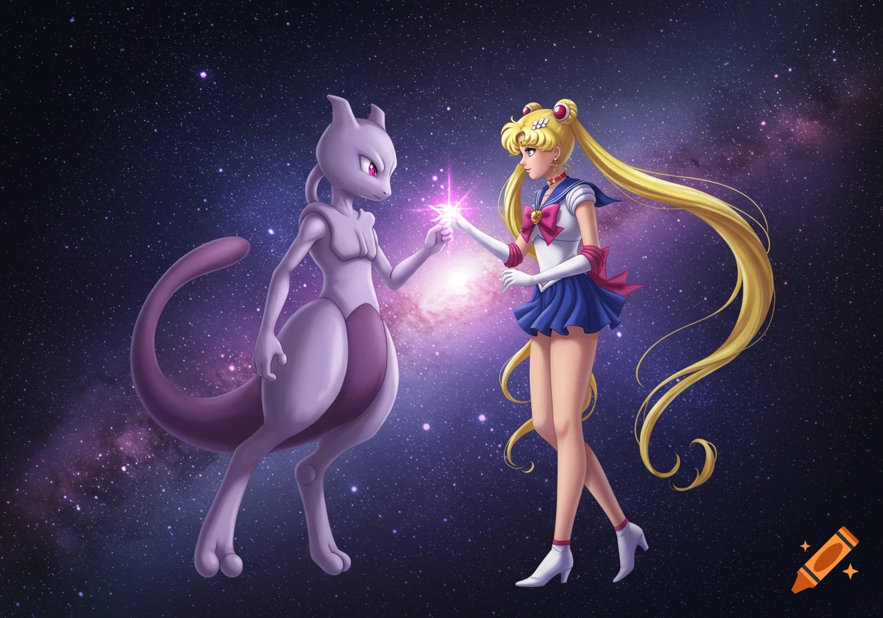 Mewtwo and Sailor Moon float in a galaxy, their hands meeting with a bright light, in an anime art style.