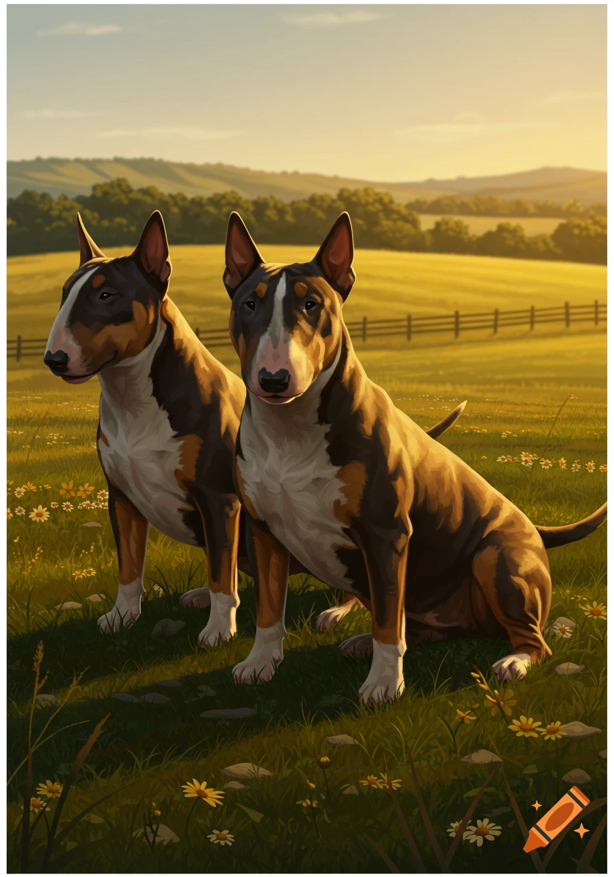 Two brown and white Bull Terriers sit in a sunlit grassy field with wildflowers and rolling hills in a stylized illustration.