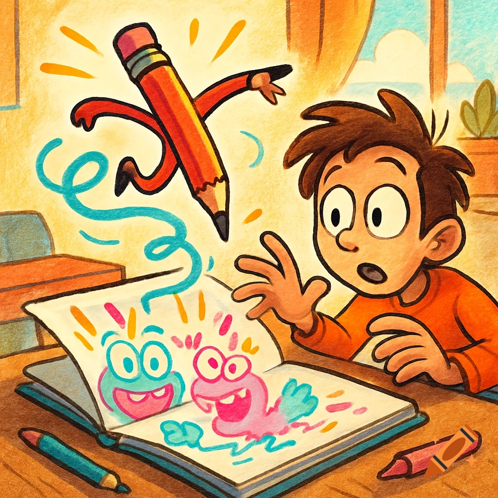 Cartoon boy startled by a lively pencil drawing two goofy monsters in his notebook. Animated illustration style.
