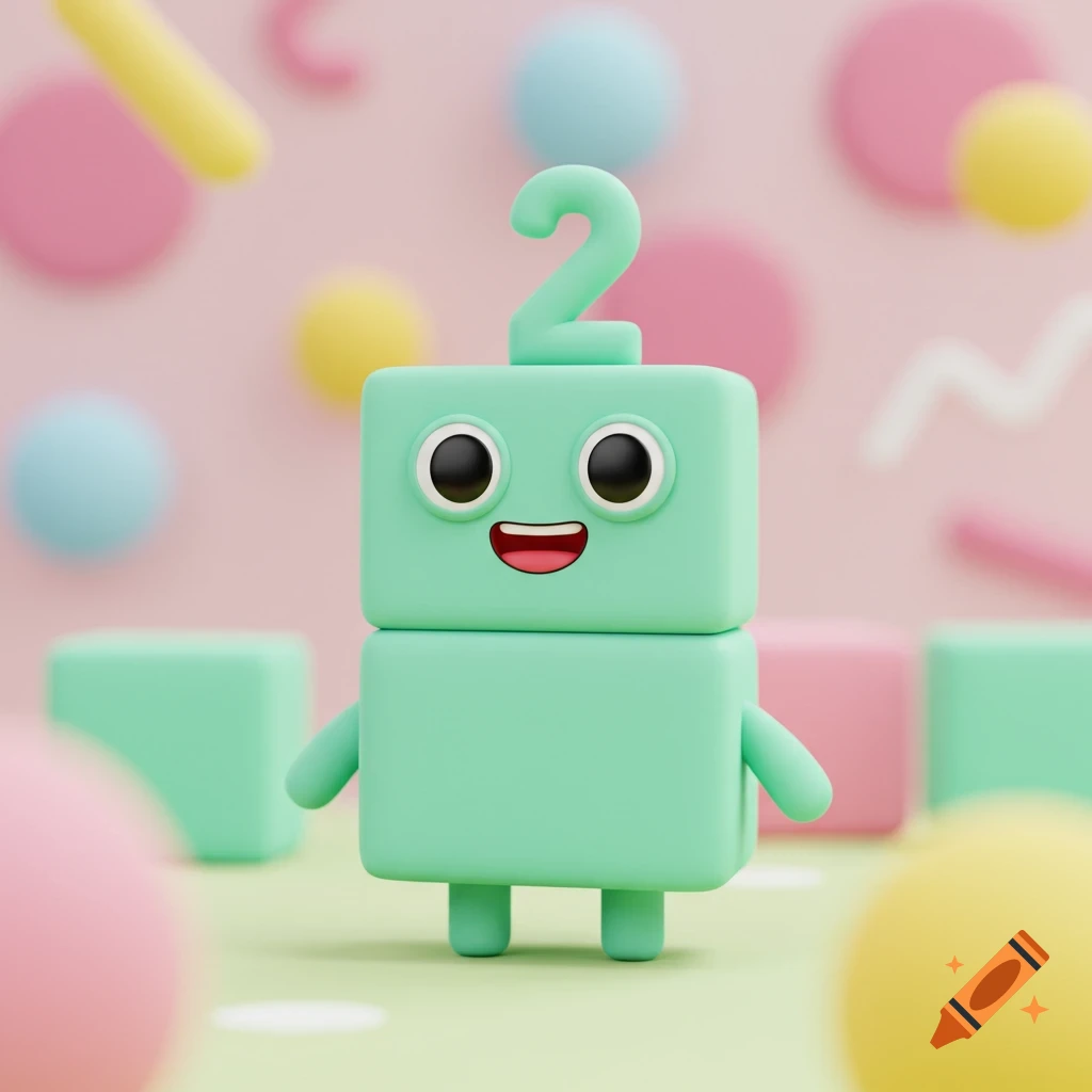 A smiling, mint green, blocky character with the number 2 on its head, standing in a pastel, playful 3D rendered scene.