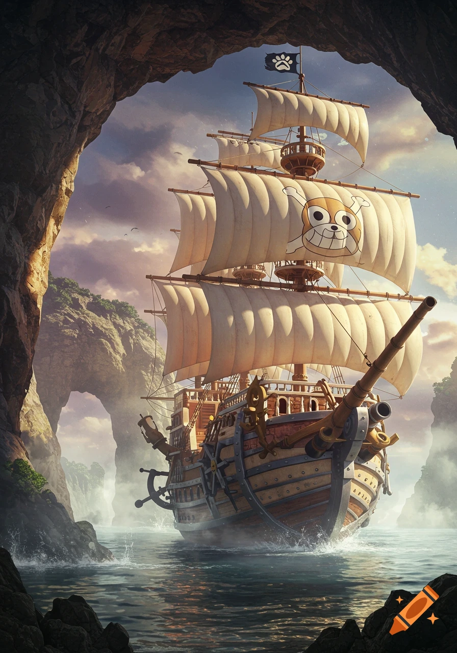 A majestic pirate ship, adorned with a cartoonish smiling face on its main sail and a paw print flag, sails through a misty cave passage at sunset, surrounded by rocky terrain in an adventurous anime art style.